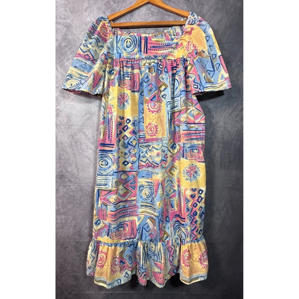 Haband Babydoll Dress Womens 2X Multicolor Abstract Ruffle Square Neck Casual